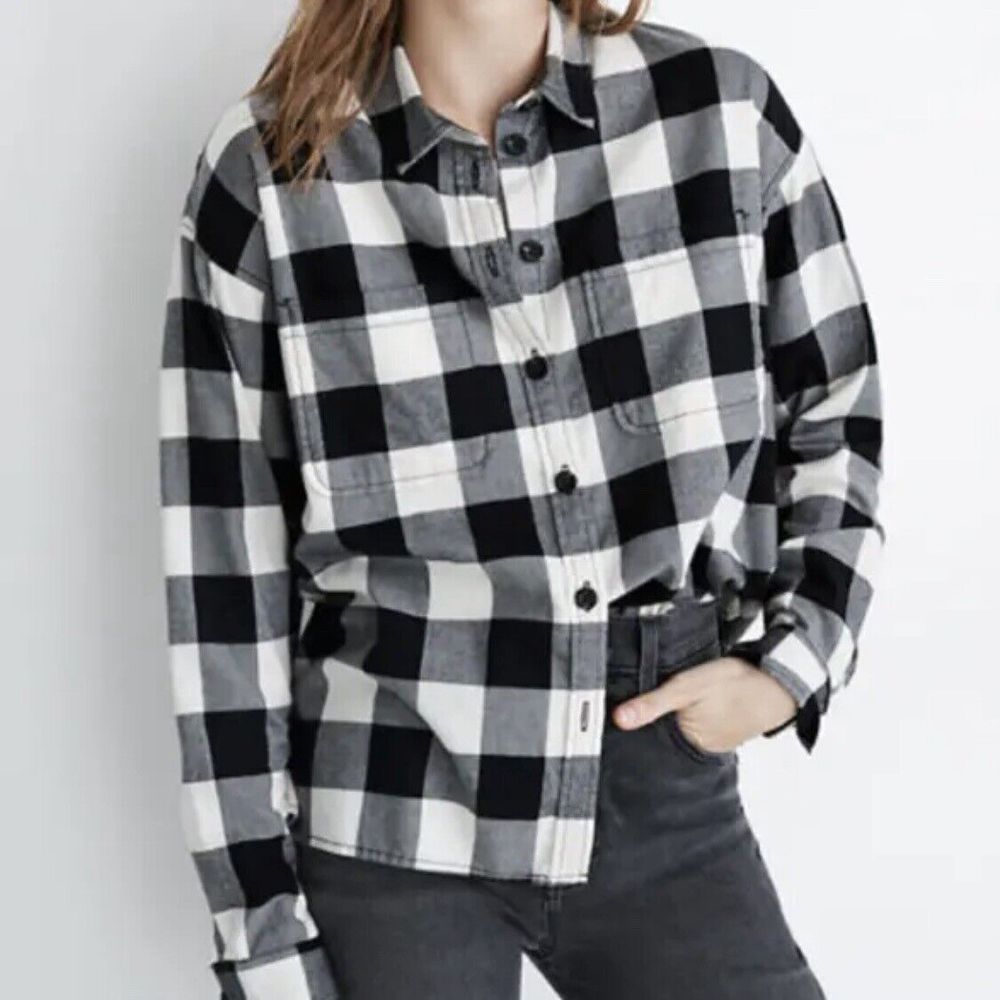 Madewell Buffalo Plaid Shirt XXS Cotton Blend Button Up Gingham Black Ivory